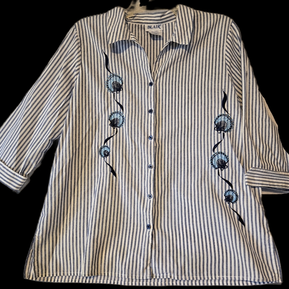 Vintage 1990's Button down‎ Nautical Blue Striped Embroidered Seashell Blouse